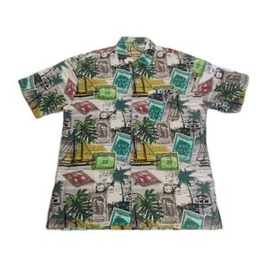 Caribbean Blues Mens Large Hawaiian Vacation Button Up Shirt Short Sleeve